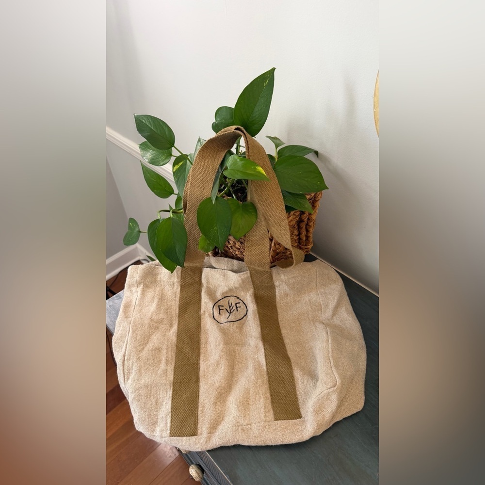Jute Tote Bag, Everyday bag  with canvas shoulder handles, F&F logo.